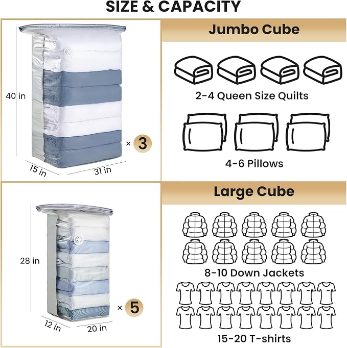 TAILI 8 Pack Vacuum Storage Bags, Cube Combo Space Saver Bags (3 Jumbo +5 Medium), Vacuum Seal Bags for Clothing, Bedding, Comforters, Blankets, No Pump Compression Cube, 2 Size, Cream - Image 2