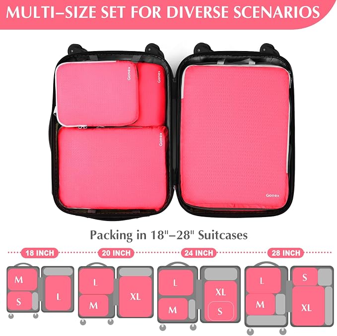 Gonex Compression Packing Cubes, 4pcs Expandable Storage Travel Luggage Bags Organizers (Bright Pink) - Image 5