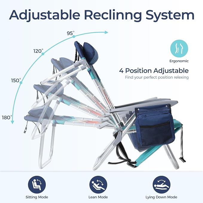 LET'S CAMP Backpack Beach Chair Set of 2, 4-Position Classic Lay Flat, Pillow and Padded Shoulder Straps, Storage Pouch and Towel Bar, Support 350LBS, Wave - Image 5