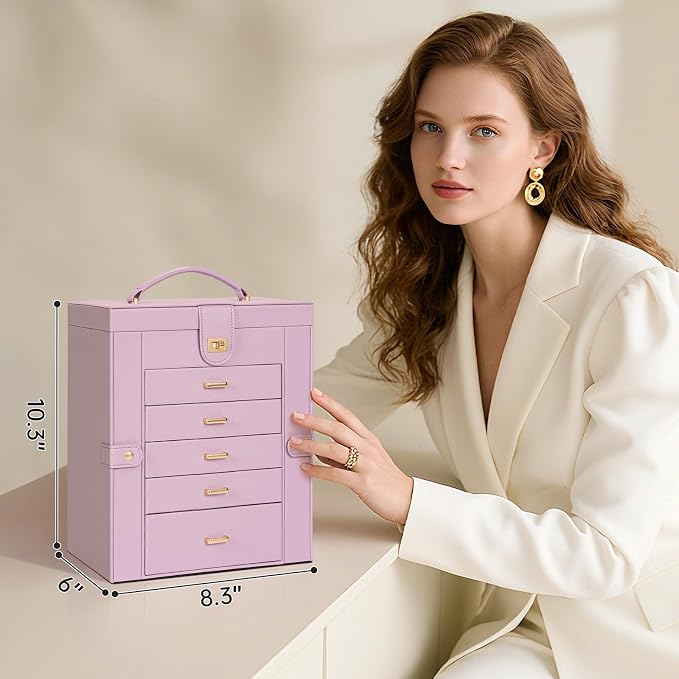 AKOZLIN 6-Tier Jewelry Box Organizer Functional 5 Drawers Leather Jewelry Storage Case for Women Girls Ring Necklace Earring Bracelet Holder Organizer with Mirror Light Purple Regular - Image 6