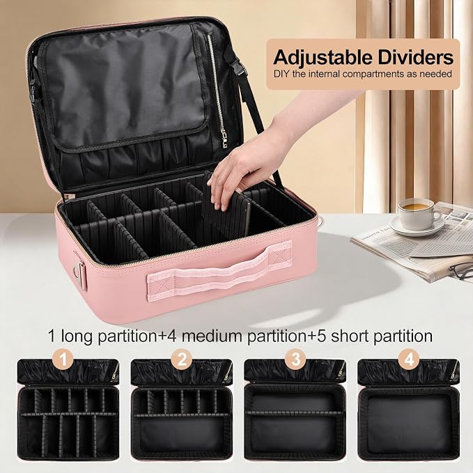 Large Travel Makeup Case, Professional Makeup Train Case Organizer for Women, Cosmetic Brush Bag Holder Waterproof Makeup Artist Storage Box with Adjustable Dividers and Shoulder Strap, Leather Pink - Image 4
