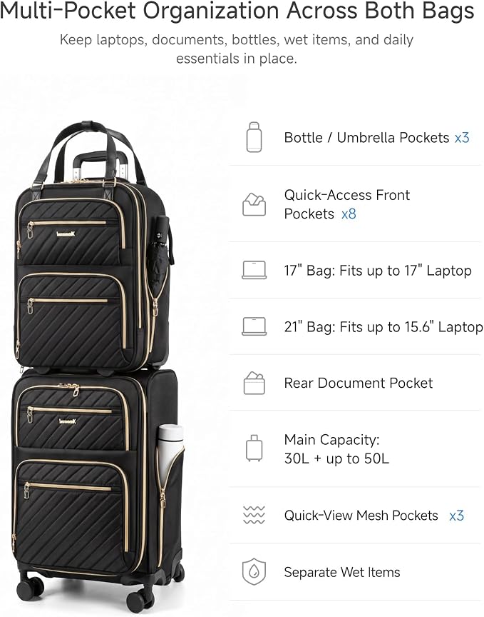 LUGGEX 2-Piece Carry On Luggage Set with Wheels, 17" Underseat Bag & 21" Expandable Carry On Suitcase, Lightweight Softside Travel Set with Spinner Wheels, Black(UX-Core, Black, 2 Piece 17/21 Inch) - Image 6
