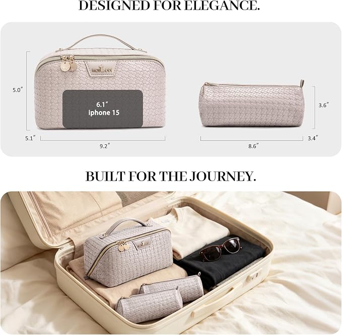 Travel Makeup Bag for Women: Designer 3 Pcs Set Cosmetic Bags for Women - Large Capacity Vagen Leather Hand-made for Toiletry Organizer - Ladies Travel Flat Open Essentials for Luxury (05White) - Image 7