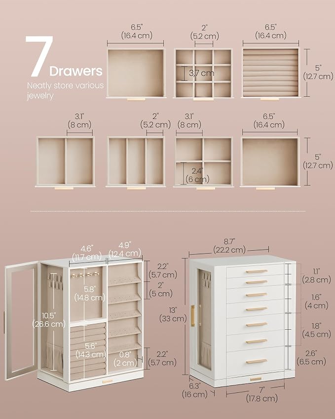 SONGMICS GISELLA Collection - Jewelry Box 360° Rotating, Jewelry Storage Case with 7 Drawers, Jewelry Organizer, Glass Window, Open Design, Great Gift, Light Warm White and Light Camel UJBC201W01 - Image 4
