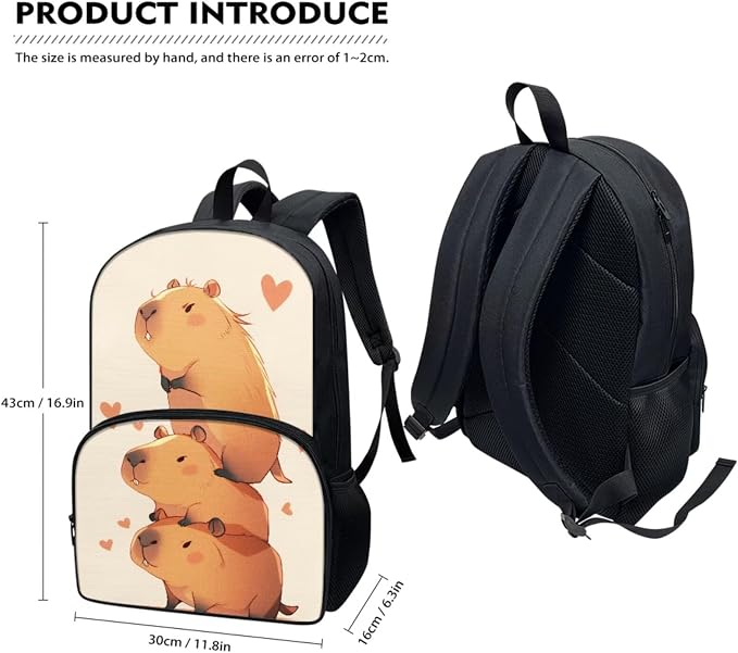 Capybara Bookbag for Kids 6-8 with Lunch Box, 17 Inch Large Capacity Elementary School Student Backpack and Lunchbox Pencil Case 3Pcs Girls School Bag Lunch Bag Set - Image 2