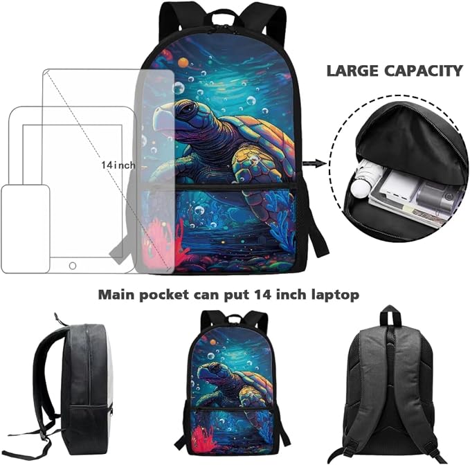 Retro Sea Turtle Print Backpack Set Boys Girls Schoolbag Large Capacity Bookbag Lunch Box Pencil Case 17 Inch Travel Laptop Backpacks Rucksack Fashion Daypack with Zipper - Image 3