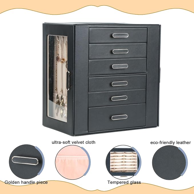 BOOVO Clear Lid Jewelry Box,6 Layers Jewelry Organizer Large Jewelry Storage Box with 6 Drawers,Jewelry Holder Organzier of Rings Earrings Necklace Bracelets for Women (Black, 6 Layer) - Image 2