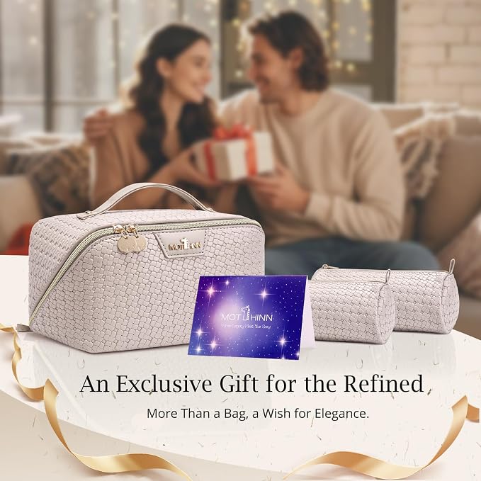 Travel Makeup Bag for Women: Designer 3 Pcs Set Cosmetic Bags for Women - Large Capacity Vagen Leather Hand-made for Toiletry Organizer - Ladies Travel Flat Open Essentials for Luxury (05White) - Image 8