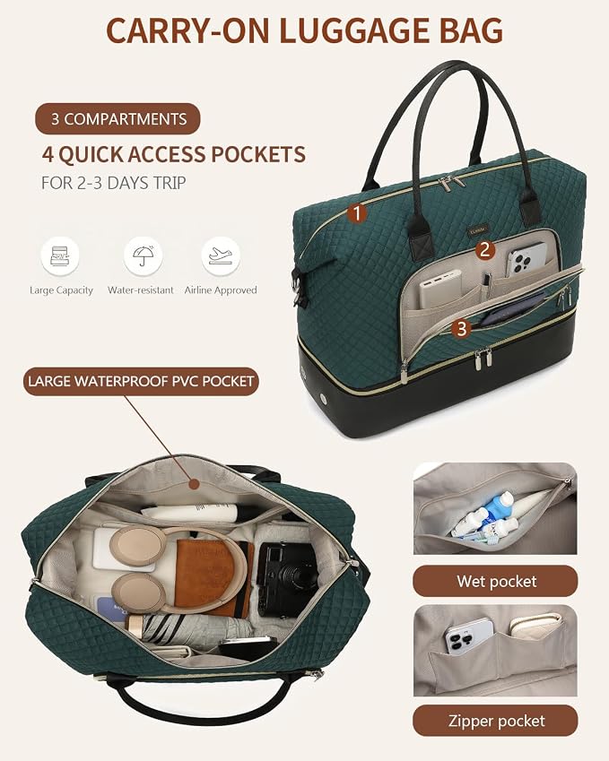 Weekender Bags for Women Travel, Under Seat Carry On Bags for Airplanes Overnight Bag with Shoe Compartment Luggage Sleeve, Foldie Travel Tote Bag Hospital Bag, Travel Gifts, DarkGreen Black - Image 5