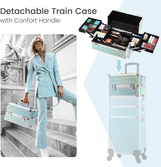 Faquenc Rolling Makeup Case with Wheels 4 in 1 Cosmetic Trolley and Cosmetology Cart Trunk for Makeup Artists Hairstylists Nail Techs Salons Large Capacity Turquoise - Image 2