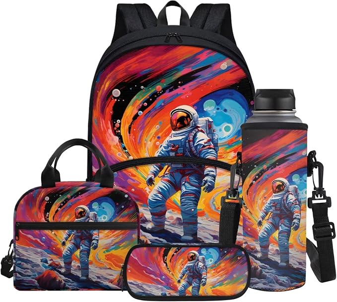 Kids School Bag Psychedelic Astronaut Backpack for Boys with Lunch Box Cooler Water Bottle Sleeve Cover Small Portable Pencil Pen Case Back to School Supplies by Glomenade