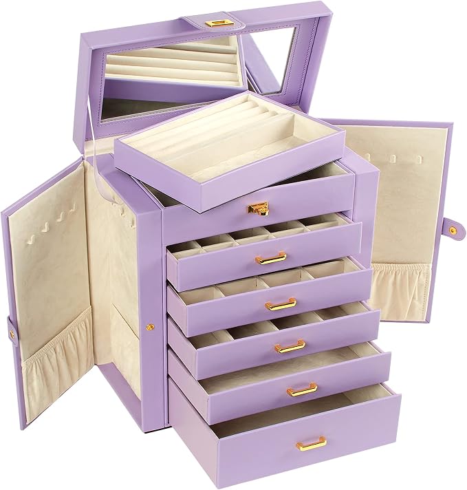 AKOZLIN 6-Tier Jewelry Box Organizer Functional 5 Drawers Leather Jewelry Storage Case for Women Girls Ring Necklace Earring Bracelet Holder Organizer with Mirror Violet Large - Image 7
