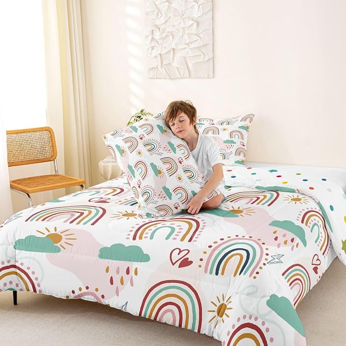 Erosebridal Rainbow Quilt for Kids Girls, Cartoon Sun and Clouds Comforter Set & Pillow Cases, Love Heart Down Comforter Iridescent Stripes Hand Drawn Bedding Set Kawaii Room Decor, Queen Size - Image 7