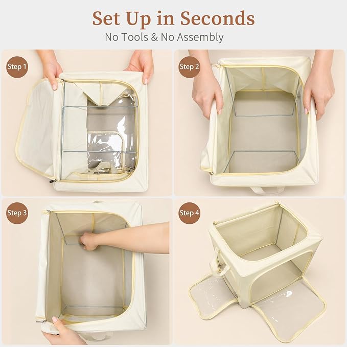 GoMaihe 3 Opening Clothes Storage Bins with Metal Frame, 40L Sweater Storage Organizer for Upper Shelf Closet Storage Boxes with Clear Window for Hoodies Jeans Towel 6-Pack Beige - Image 6
