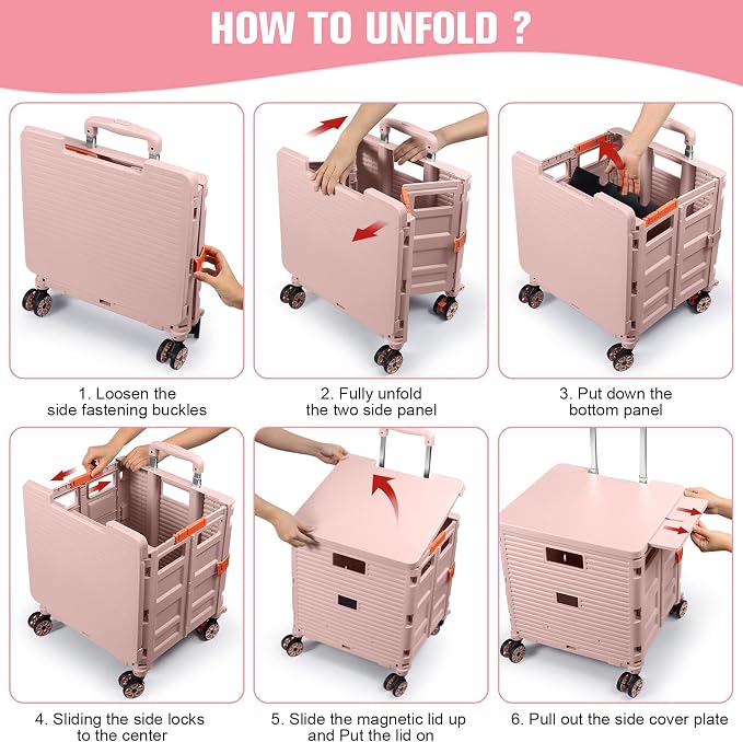 FELICON SELORSS Folding Utility Cart Portable Rolling Crate Handcart-Pink | Magnetic Sliding Lid,Telescoping Handle,Plastic Box Dolly,360°Swivel Wheels for Travel Shop Move Laundry Office Teacher Use - Image 5