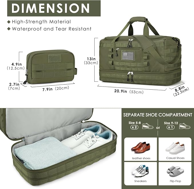 Travel Bag for Men Women, Gym Bag & Tactical Duffle Bags for Travel, Carry on with Toiletry Bag and Shoe Compartment, Weekender Overnight Trip with Wet Pocket for Workout Medical, Green - Image 4