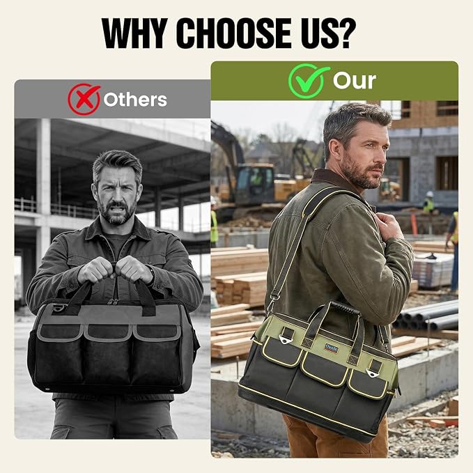 Tool Bag, Ounic 20 Inch Large Tool Tote Bag Heavy Duty With Waterproof Molded Base, Wide Mouth Tool Box Organizer with Adjustable Shoulder Strap for Electrician Mechanic Craftsman Plumbers(Green) - Image 7