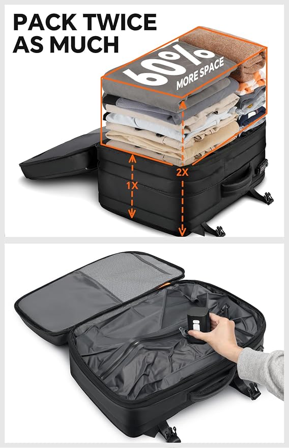 Vacuum Backpack Travel, 70L Expandable Carry On Backpack With Compression System, 2 Detachable TPU Vacuum Bags, TSA Lock, Water-Resistant, Fits 16" Laptop for Business & Travel - Image 7
