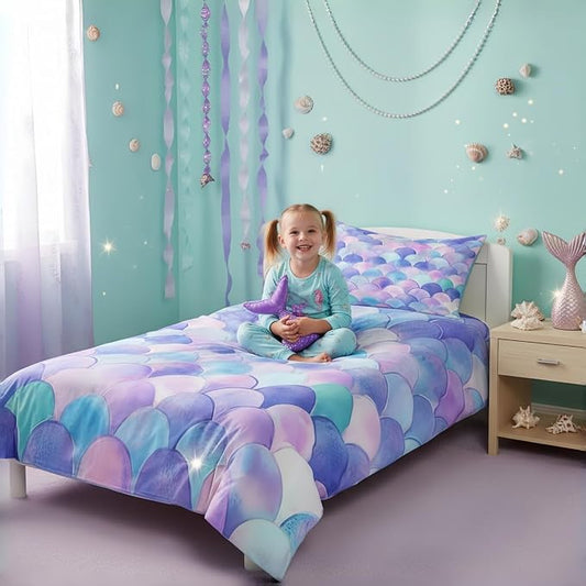 Erosebridal Fish Scales Comforter Cover Pink Mermaid Scales Pattern Colorful Bedding Sets Microfiber Duvet Cover Twin for Boys Girls 2 Pieces Ultra Soft Bedding Bedspread with Zipper Ties by Erosebridal