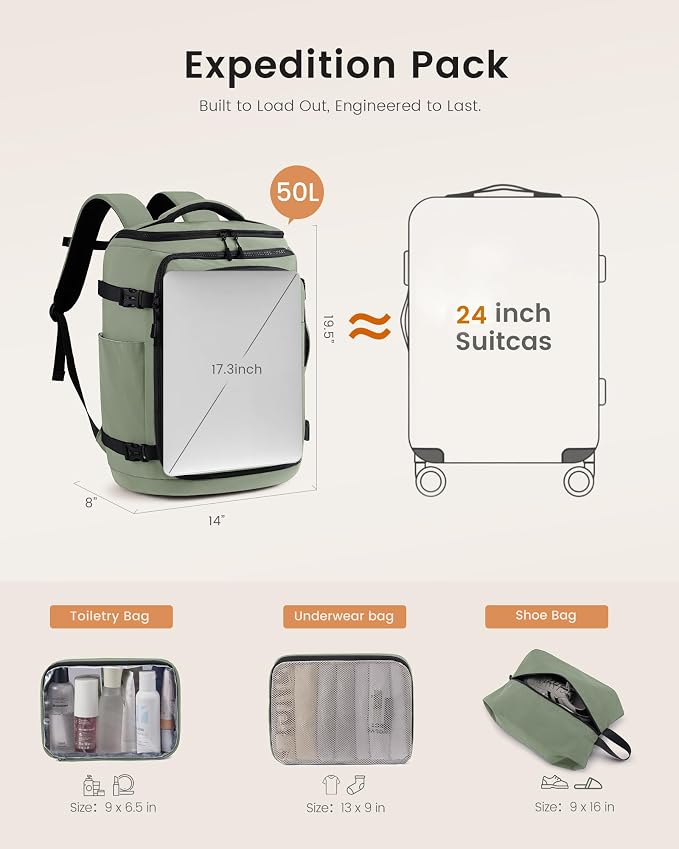 LOVEVOOK Travel Backpack for Women & Men, 50L Large Carry On or Checked Luggage, Waterproof Hiking Backpack with 3 Packing Cubes for 5+ Day Trips, Camping & Backpacking Essentials, Slate Green-Black - Image 3