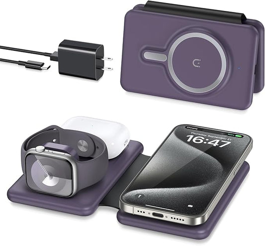 Wireless Charger iPhone - 3 in 1 Charging Station for Apple Devices for iPhone 17 16 15 14 13 12 Pro Max Plus - Foldable Magnetic Charging Pad for Apple Watch Series & Airpods Series