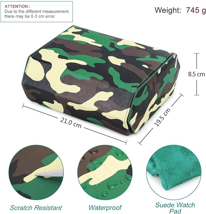 Hiram Genuine Leather Hexagon Watch Roll Travel Case, Military Camouflage Leather 6-Watches Roll Case with Removable Pillow Cushion for Treasured Watches and Bracelets-Camouflage Green - Image 3