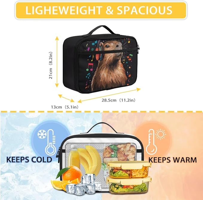 Music Capybara Backpack for School Girls with Lunchbox 17 Inch Cute Cartoon Animal Bookbag Kids Lunch Box Set and Pencil Case, 3-in-1 Back to School Bag Lunch Bag - Image 4
