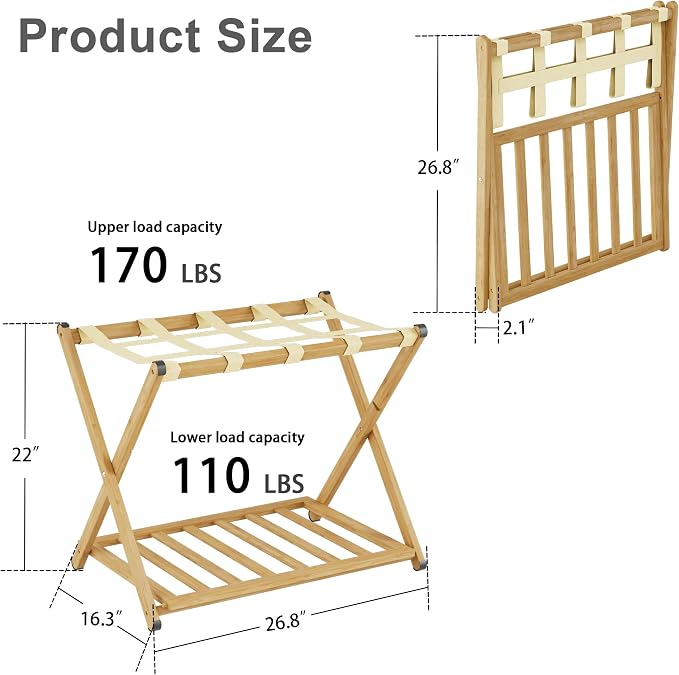 Fully Assembled Luggage Rack Set of 2 for Guest Room, Bamboo Suitcase Stand with Foldable Storage Shelf, Crossed Nylon Straps Folding Luggage Holder for Bedroom and Hotel, Natural - Image 2