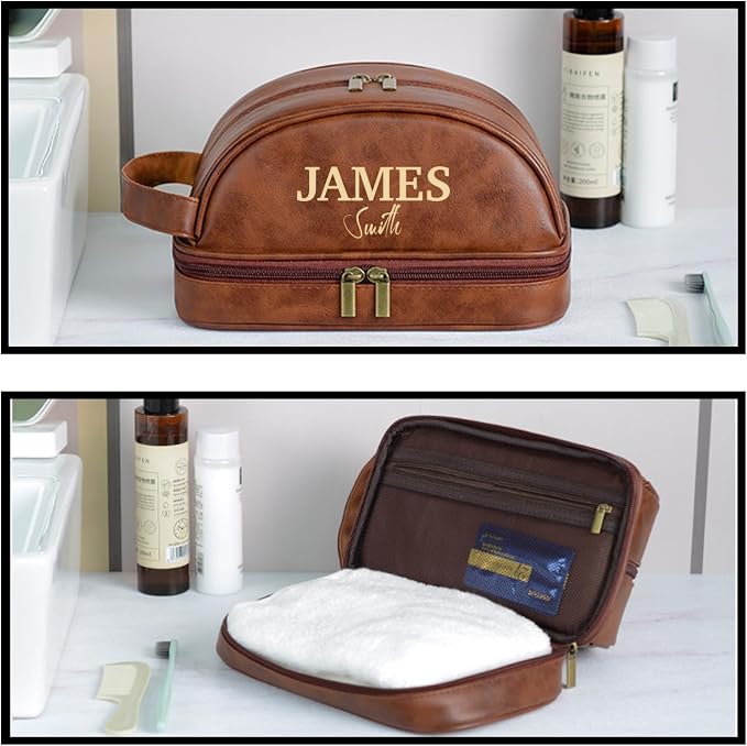 Personalized Leather Toiletry Bag, Brown, Three Layer Structure, Waterproof, Customizable Name Engraving, Travel Organizer for Men, Multi-Occasion Gift (UK1002) - Image 8