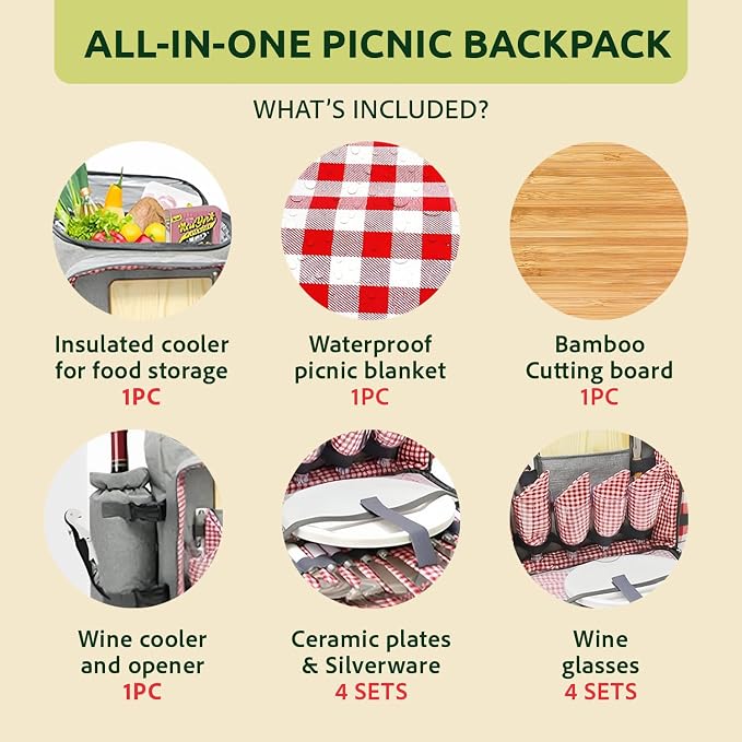 Nature Gear Picnic Backpack for 4, Insulated Picnic Set with Dinnerware, Wine Cooler, Blanket & Cutlery Service, Waterproof Outdoor Bag for Beach, Camping, Travel & Park, Red - Image 3