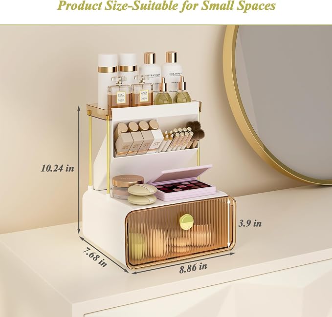 FOLLOWIN 3 Tiers Makeup Organizer with Drawer, Cosmetic Display with Lipsticks Brush Holder, Cosmetics and Beauty Supplies Organizers for Vanity, Dresser, Bathroom Desktop Countertop Organizer, Amber - Image 8