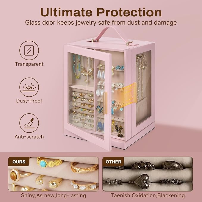 360° Rotating 5‑Drawers Jewelry Box with Top Handle & Glass Window, Spacious Vertical Jewelry Organizer, Jewelry Storage Case, Dustproof & Moisture‑resistant Design. (Pink) - Image 5