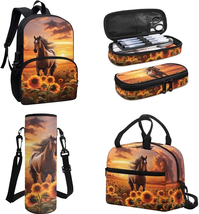Brown Horse Sunflower Sunset Student Schoolbag Big Capacity Book Bags Laptop Backpack for Kids Girls Boys Pencil Case Lunch Bag Water Cup Pouch Travel Bookbag Rucksack with Compartments - Image 2
