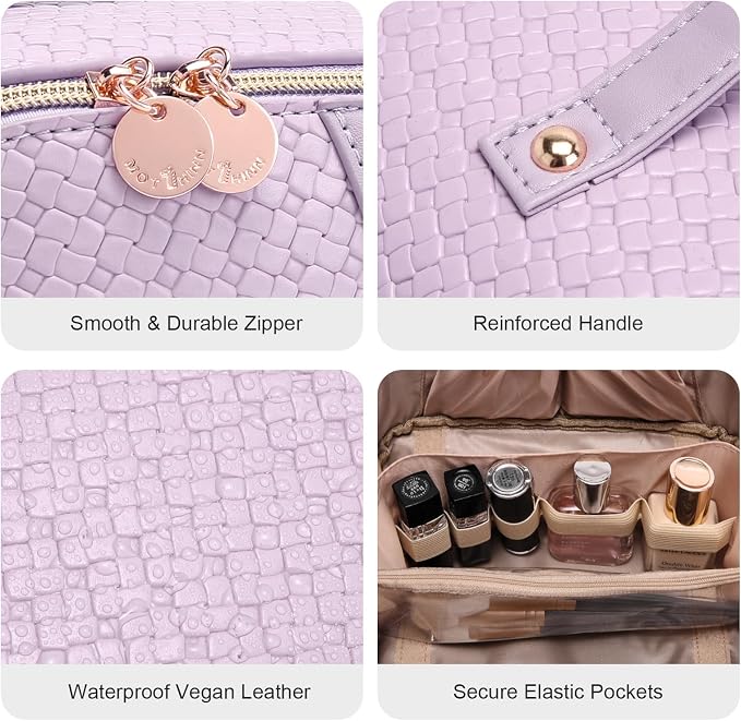 Travel Makeup Bag for Women: Designer 3 Pcs Set Cosmetic Bags for Women - Large Capacity Vagen Leather Hand-made for Toiletry Organizer - Ladies Travel Flat Open Essentials for Luxury (06Purple) - Image 4