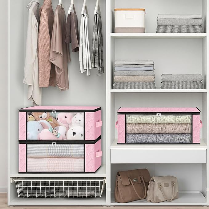 HomeHacks Storage 3-Pack Clothes Organizer Storage Bags Foldable Storage Box with Large Clear Window Sturdy Handles for Closet, Dorm, Pillows, Bedding, Clothes, Blankets, 35L, Pink - Image 6