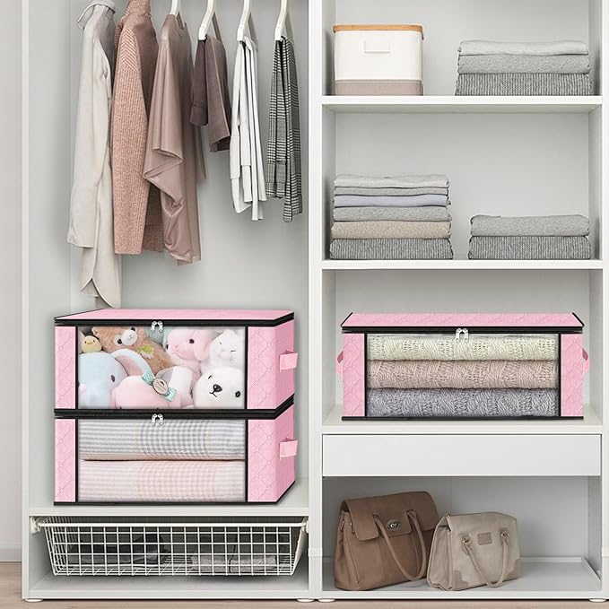 HomeHacks Storage 6-Pack Clothes Organizer Storage Bags Foldable Storage Box with Large Clear Window Sturdy Handles for Closet, Dorm, Pillows, Bedding, Clothes, Blankets, 35L, Pink - Image 6