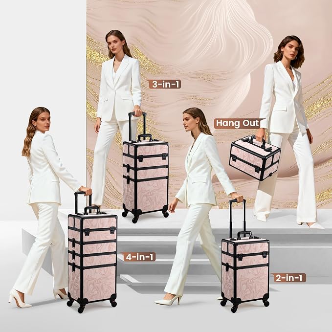 Stagiant Rolling Makeup Case 4 in 1 Cosmetology Case on Wheels Makeup Travel Case with Cosmetic Bag Key Swivel Wheels Salon Barber Case Traveling Cart Trunk Cosmetic Trolley Alpine Pink - Image 4