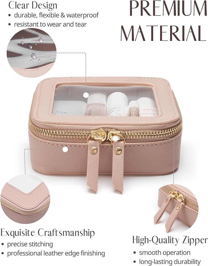 Small Makeup Bag for Purse Mini Cosmetic Bag Clear Pink Square Pouch for School Cute Leather Make Up Case Travel Organizer for Backpack Tiny Toiletry Bag with Zipper for Car Essentials Women Girls - Image 2