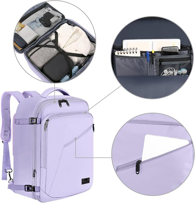 MATEIN Light Purple Carryon Backpack, 40L Airplane Approved Travel Backpack | Expandable Simple Fashion Daypack For Women, Personal Item bag, Frequent traveler Gifts, Heavy Duty - Image 7
