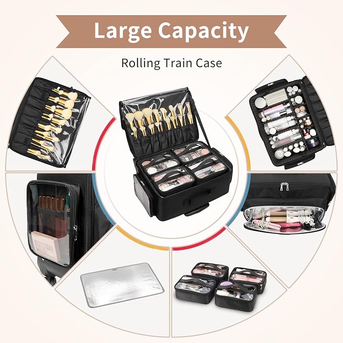 Large Rolling Makeup Case，Professional Makeup Artist Bag with 4 Small Bag Makeup Case, Adjustable Dividers, Portable Travel Supply Station for Cosmetics Storage Organizer Trolley Suitcase Makeup Cart - Image 6