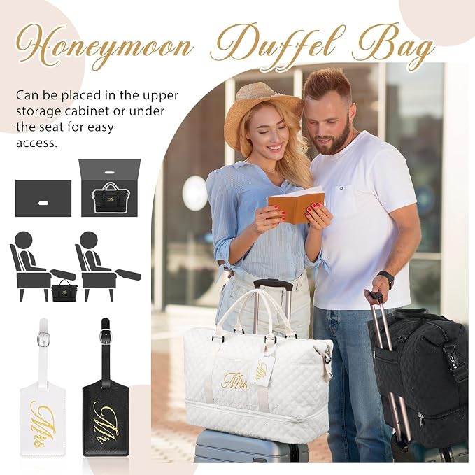 Dansydaisy 4 Pcs Duffel Bag Set Include 2 Honeymoon Travel Bags with Shoe Compartment and 2 Luggage Tags(19.7 x 9.8 x 15.7 Inches,Mr and Mrs,Black,White) - Image 6