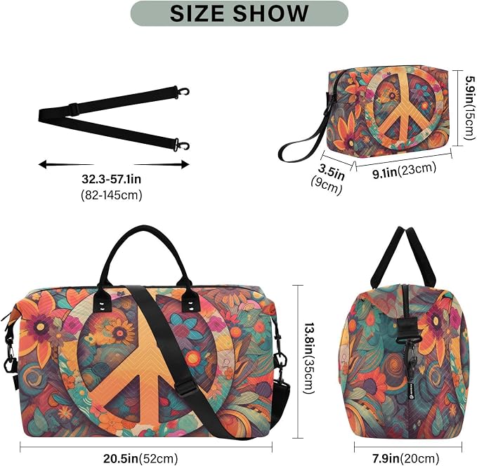 Duffel Bag Set with Toiletry Bag for Travel Gym Sport, Luggage Sleeve Weekender Bag Carry on Overnight Bag-Hippie Peace Print - Image 3