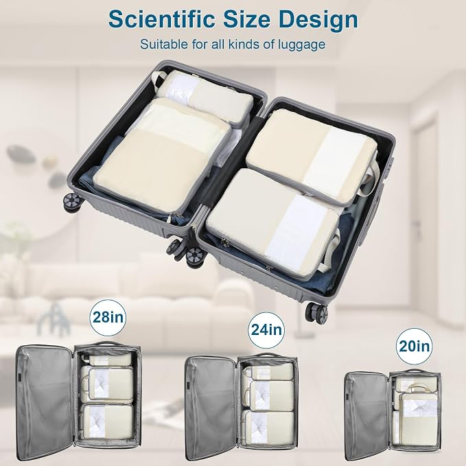 Cozary Suitcase Organiser Packing Cubes Compression Pack of 4 - High Capacity Travel Essentials For Hand Luggage, Suitcase And Backpack - Beige - Image 5