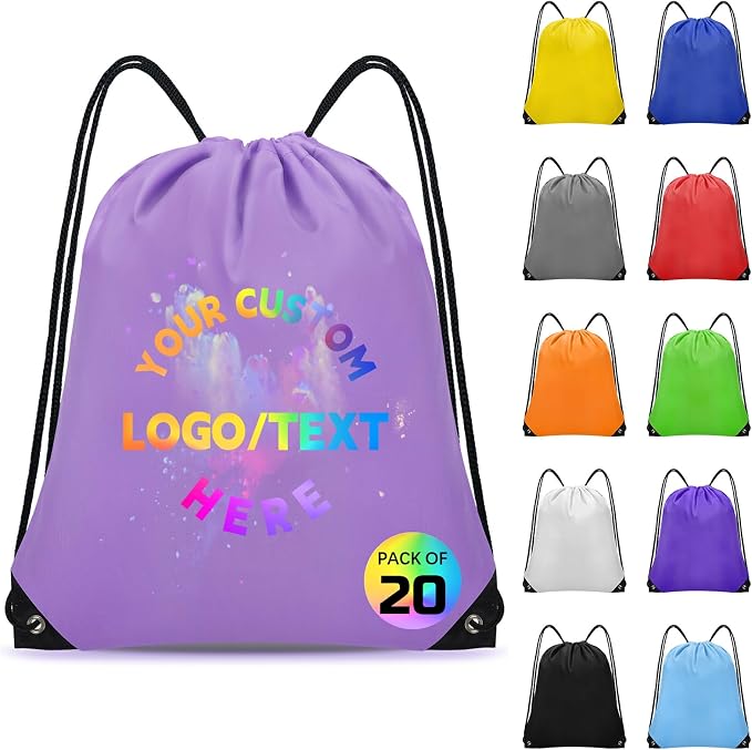 Grneric Custom Drawstring Bags Bulk 10/20/50/100/200 Pack, Promotional Items With Your Logo Personalized String Backpack for Gym, Sport, Travel, Light Purple by Grneric