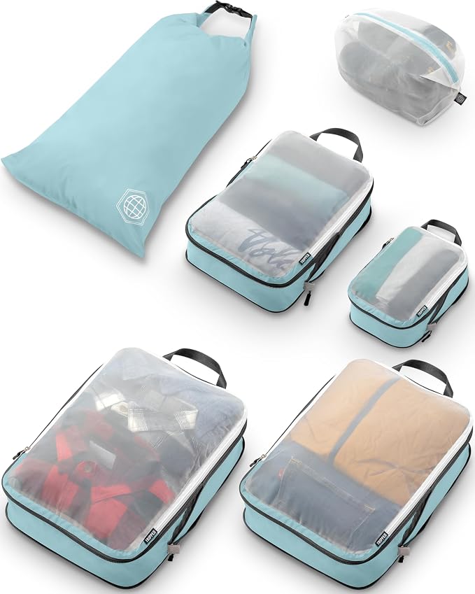 Large Packing Cube Set with See Through Mesh- Compression Packing Cubes Travel Organizers by TRIPPED Travel Gear (Dusty Teal) by TRIPPEDTravelGear