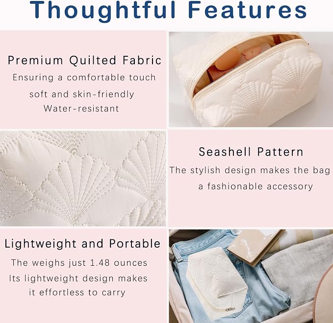 RSRSLEII 3Pcs Quilted Cotton Coquette Makeup bag, Coastal Granddaughter Aesthetic Cosmetic Bag, Cute Seashell Portable Travel Toiletry Pouch (08 3Pcs White) - Image 5
