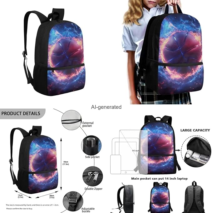 Fire Basketball Backpack for School Boys Backpack with Lunch Box Water Bottle Bag and Large Pencil Pouch 4PCS Set Bookbag with Front Pocket 17" Lightweight School Bag with Side Pocket for Kids - Image 3