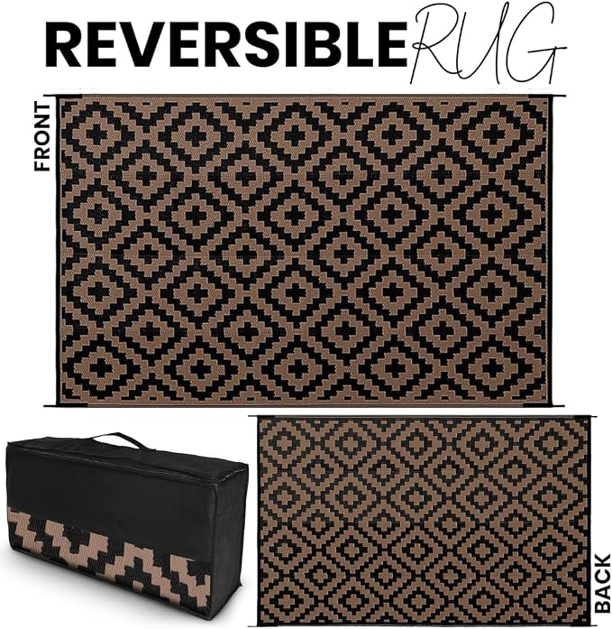 Outdoor Rugs, Outdoor Plastic Straw Rug, Reversible Waterproof Carpet for Camping, Poolside, Garden, BBQ Area, Gazebo Flooring, RV Park & Beach, Square Pattern, Black & Brown, 6'x9' - Image 2