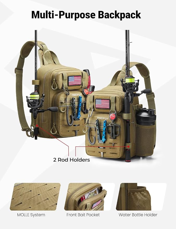 Piscifun Fishing Backpack Tackle Bag with 2 Rod Holders, Multi-Compartment Storage, MOLLE System, Water-Resistant Lightweight Outdoor Pack - Image 4