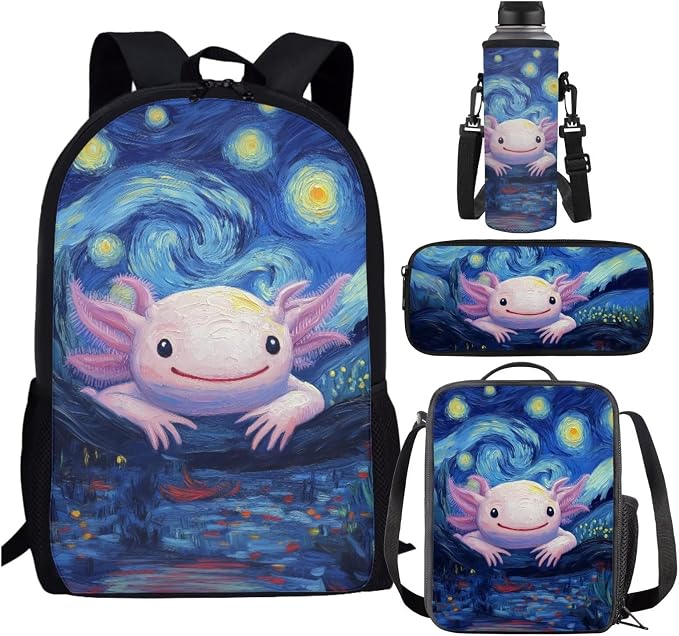 Axolotl Backpack with Lunch Box Set for Girls 6-8/5-7 Starry Night Bookbag for 2nd Grade Elementary School Back Pack Lunch Bag Pencil Case 4PCS Kids Book Bags Lunchbox Water Bottle Holder by SCRAWLGODDreamWardrobe